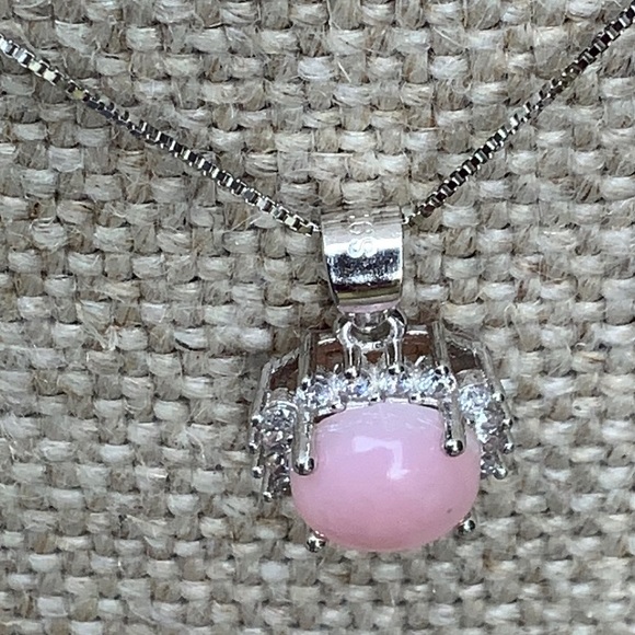 PINK OPAL & CZ 925 STERLING SILVER NECKLACE, 18 INCHES - Picture 5 of 7
